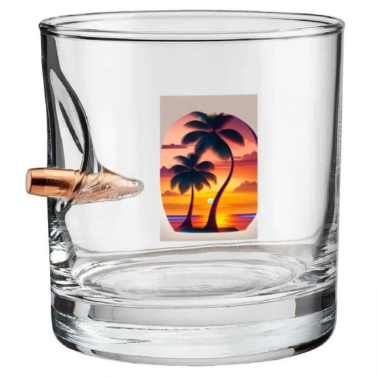The sunset Palm tree logo design in Bullet Whiskey Glasses