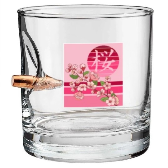Cherry Blossom Bullet Whiskey Glasses, Sakura Flowers Kanji Pocket