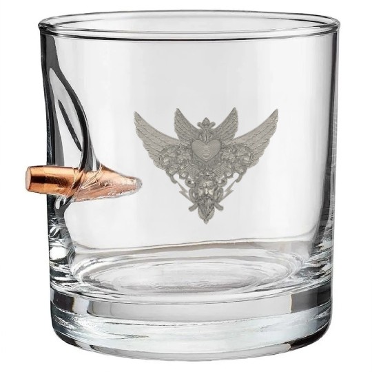 heart with wings, zeus and floral ornament Bullet Whiskey Glasses
