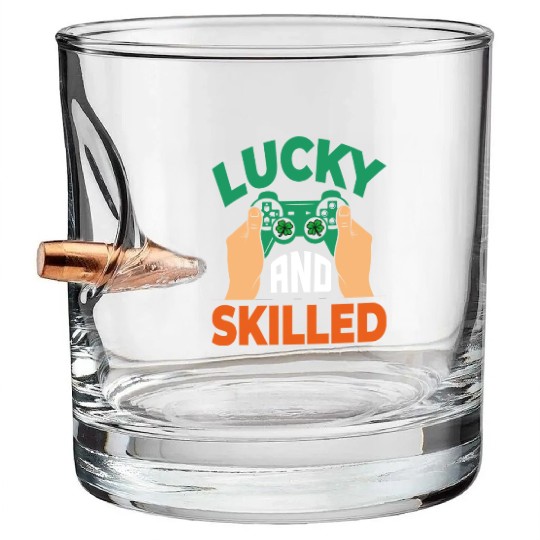 Lucky And Skilled Funny Irish Gamer Video Game Bullet Whiskey Glasses