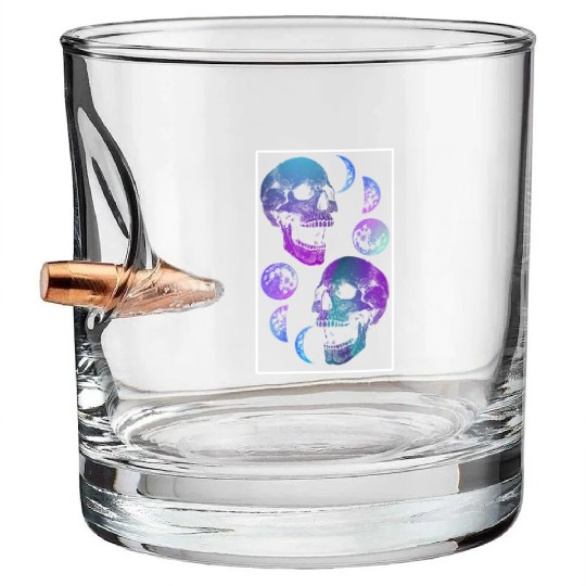 Skeleton Bullet Whiskey Glasses, Neon Skull Moon Gothic Skeleton