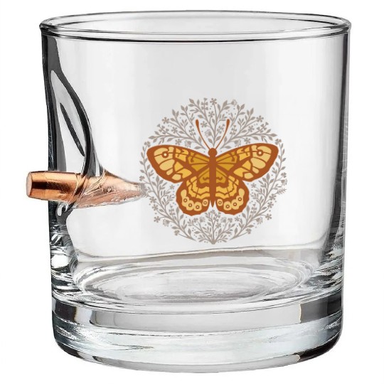 Butterfly insect with flowers. Bullet Whiskey Glasses