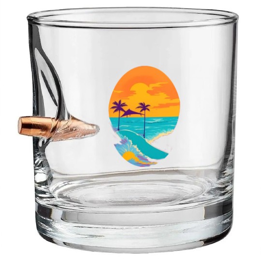 Golden Horizon: Serene Sunset & Surfing Paradise Bullet Whiskey Glasses