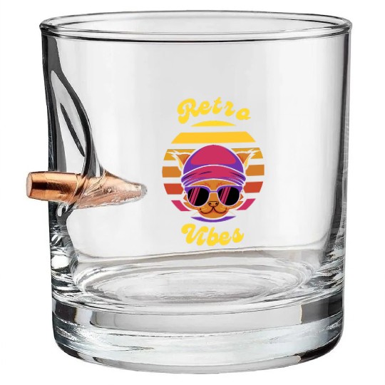 Black Coloful Sunset Cat Retro Vibes T-shit. Bullet Whiskey Glasses