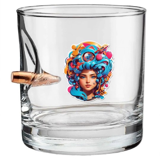 Psychedelic girl with multi color hair. futuristic Bullet Whiskey Glasses