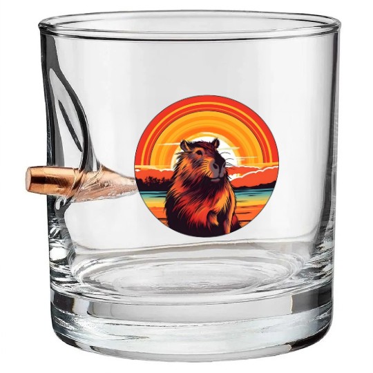 Sunset Serenity: Rustic Capybara Stripe Illustrate Bullet Whiskey Glasses