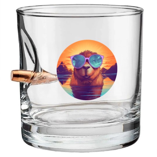 Sunset Serenity: Rustic Capybara Stripe Illustrate Bullet Whiskey Glasses