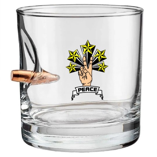 Peace sign hand with V 5 yellow stars Bullet Whiskey Glasses