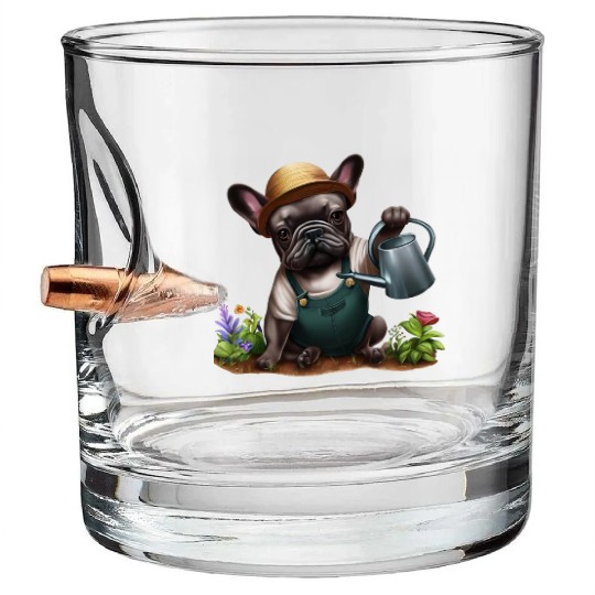 Frenchie Playing in the Garden Bullet Whiskey Glasses