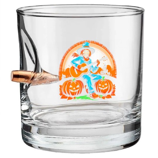 Happy Halloween scarecrow plays guitar Bullet Whiskey Glasses