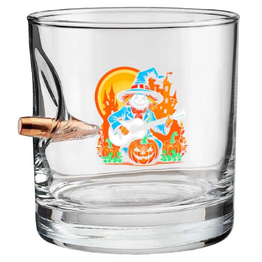 Happy Halloween scarecrow plays guitar Bullet Whiskey Glasses