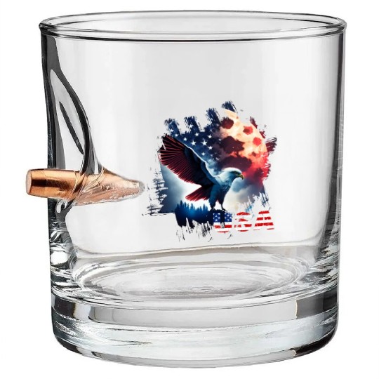 America eagle under Moon with American Flag Bullet Whiskey Glasses