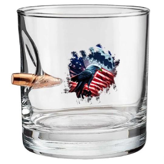 America eagle under Moon with American Flag Bullet Whiskey Glasses