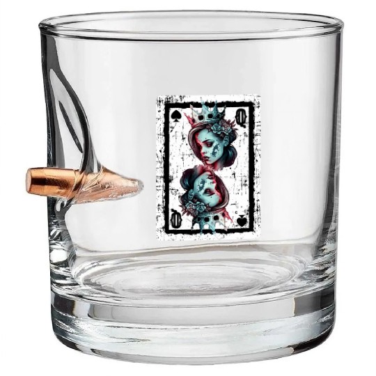 Queen of Spades Gothic Card Game Halloween Creepy Bullet Whiskey Glasses