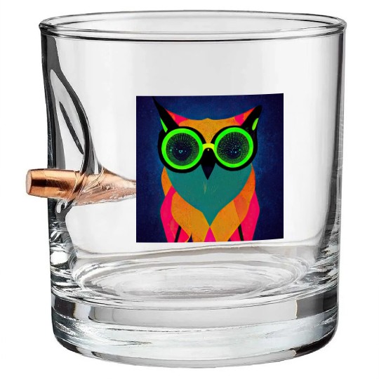 Mod Owl: Bold Owl with Green Glasses Bullet Whiskey Glasses