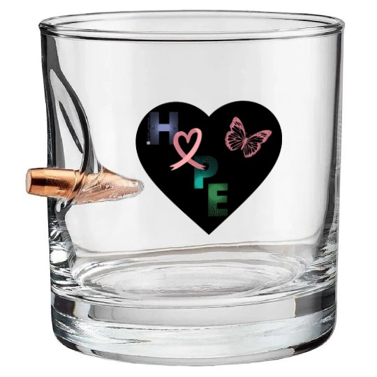 Breast Cancer Hope and Butterfly Heart Bullet Whiskey Glasses