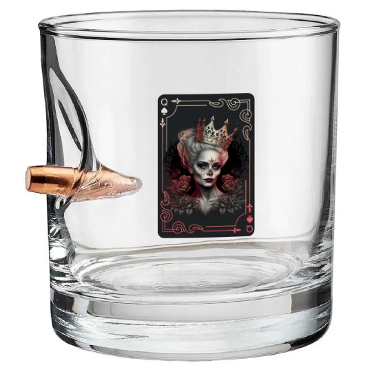 Poker Cards Queen of Spades Creepy Gothic Bullet Whiskey Glasses