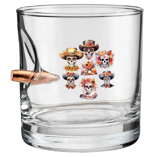 Vintage Mexican Day of the Dead Art Sugar Skulls Bullet Whiskey Glasses