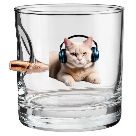 Music Lover Cat V II on Unisex Poly Cotton Bullet Whiskey Glasses