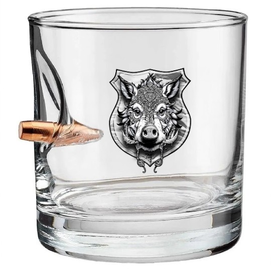 shield with wild boar head - DIGITAL - grayscale Bullet Whiskey Glasses