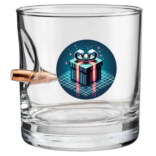 Cyberpunk Pixel Art Gift Box - Neon Ribbons Bullet Whiskey Glasses
