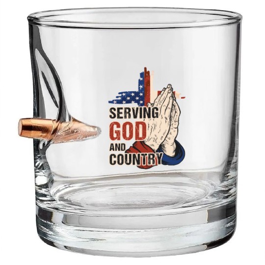 Serving God And Country US Flag Cross Patriotic Ch Bullet Whiskey Glasses