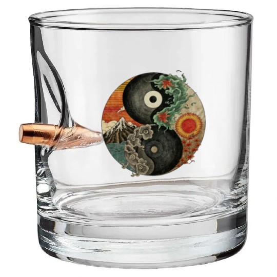Yin and Yang shaped logo Japanese ink painting Bullet Whiskey Glasses
