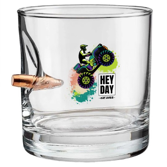 ATV/Quad " Wheelie" style logo. By "Hey Day" Bullet Whiskey Glasses