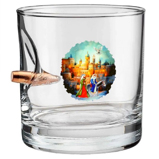 Mary and Joseph in Bethlehem with donkey Bullet Whiskey Glasses
