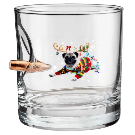 Funny Pug Dog Christmas Reindeer Christmas Lights Bullet Whiskey Glasses