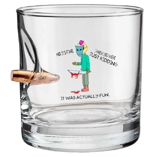 Just Kidding Killer Horror Retro Cartoon Character Bullet Whiskey Glasses