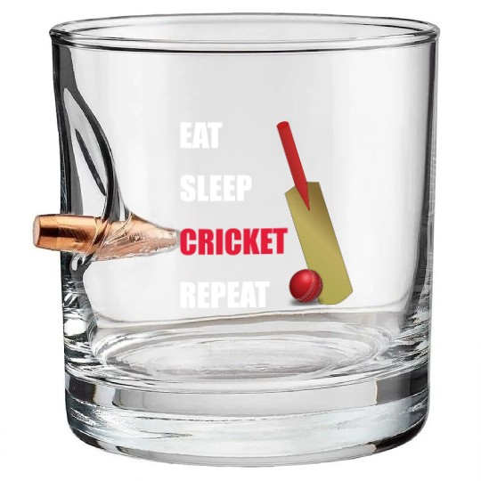 Eat Sleep Cricket Repeat Red and White Text Bullet Whiskey Glasses