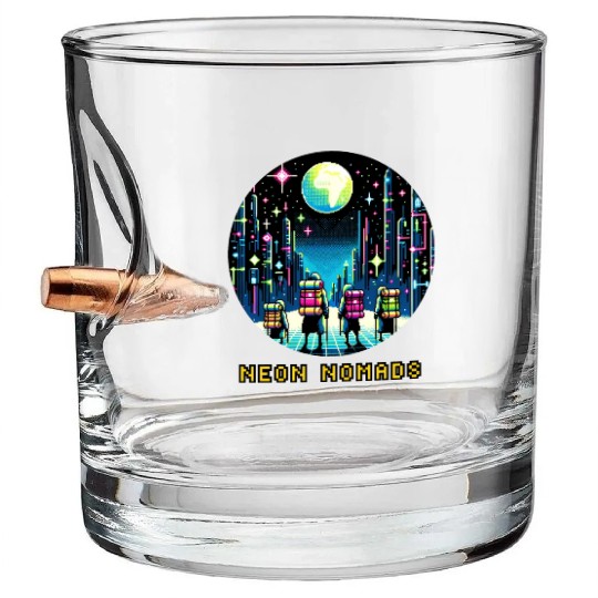 Cyberpunk Explorers - Neon Nomads Pixel Art Bullet Whiskey Glasses