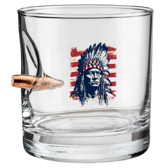 Indian Native American Chief Feather Headdress Bullet Whiskey Glasses