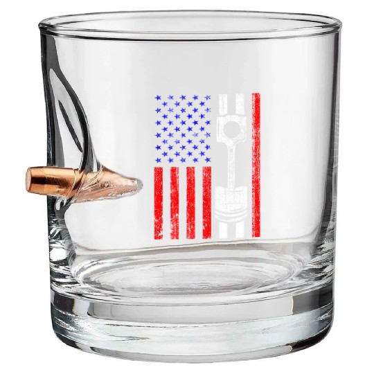 American Flag Piston Muscle Car Patriotic Vintage Bullet Whiskey Glasses