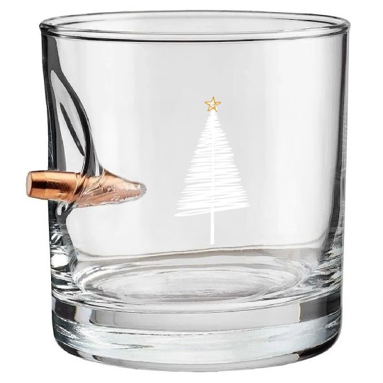White Christmas Tree Brushstroke with Golden Star Bullet Whiskey Glasses