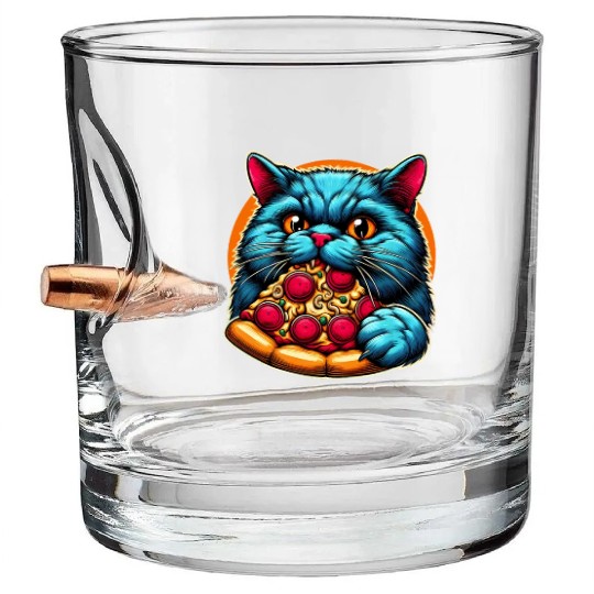 Cute Cat eating Pizza Bullet Whiskey Glasses