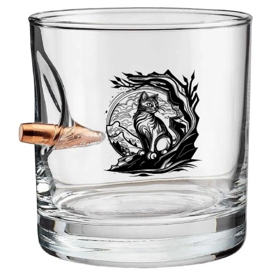 Pretty Little Nature Cat In Tattoo Style Bullet Whiskey Glasses
