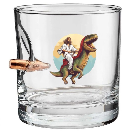 Jesus Riding a Dinosaur Meme Dino Lover Bullet Whiskey Glasses