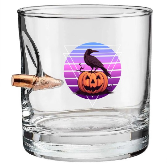 Raven Crow On Pumpkin Vaporwave Halloween Pagan Ae Bullet Whiskey Glasses