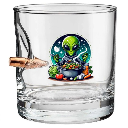 Alien chef cooks vegetable soup Bullet Whiskey Glasses