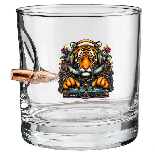 DJ Tiger with Headphones Stylish Music Lover Bullet Whiskey Glasses