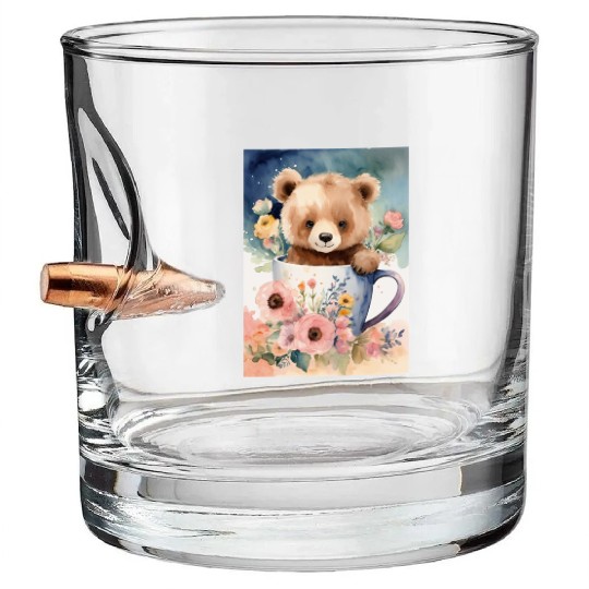 A cute bear baby in mug flowers around watercolor Bullet Whiskey Glasses