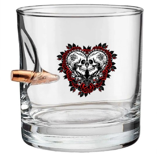 Gothic Skulls Roses Valentines Day Bullet Whiskey Glasses