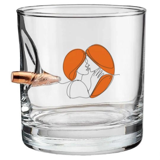 Elegant Lesbian Couple Kissing Line Drawing Bullet Whiskey Glasses