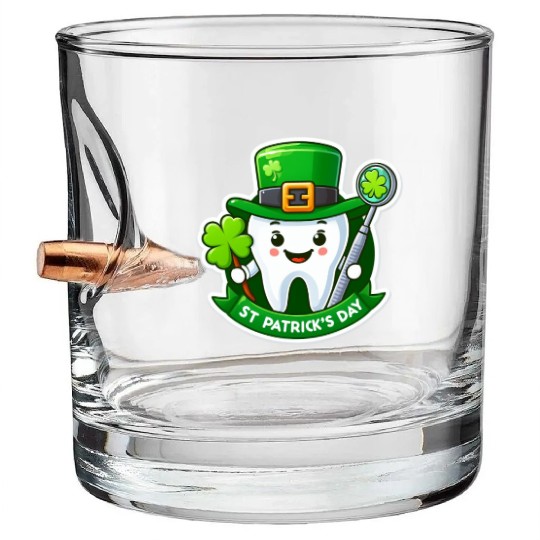 St patricks day cartoon dentist design, cute tooth Bullet Whiskey Glasses