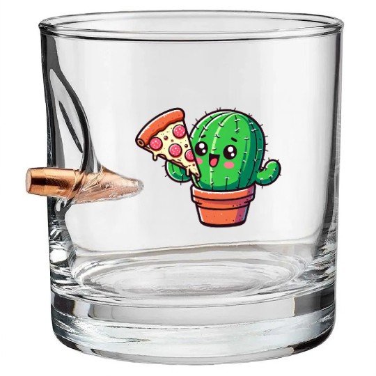 Cute Cactus Pizza Comic Bullet Whiskey Glasses
