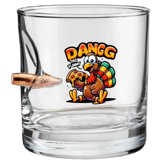 Dangg This Yummy, Cartoon Turkey Pizza Bullet Whiskey Glasses
