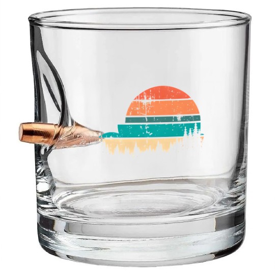 Retro Evergreen Sunset Stepped Circle Design Bullet Whiskey Glasses