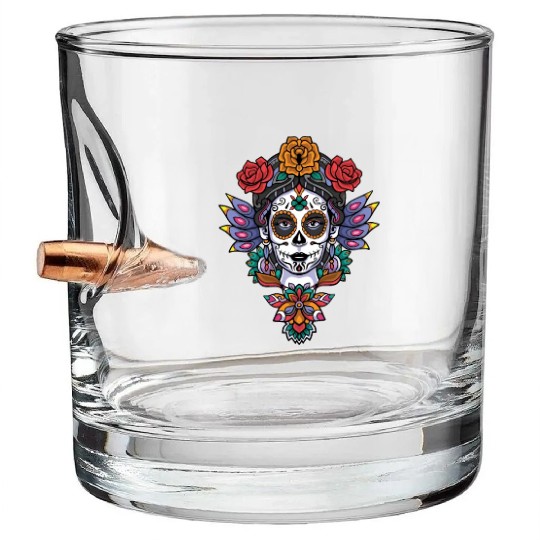 Colorful Calavera Girl Head Mandala Bullet Whiskey Glasses